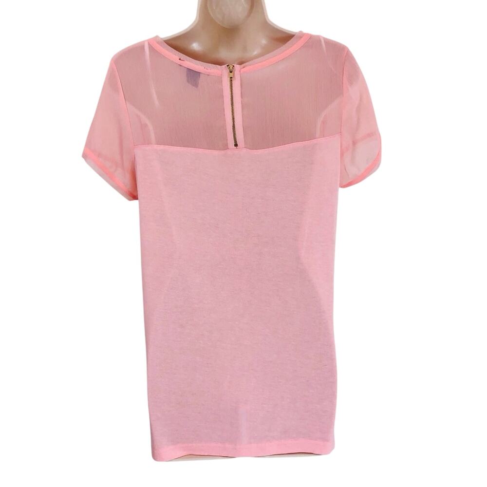 H&M Pink Peach Gauzy Yoke Short Sleeve Top Back Zip - Picture 14 of 16